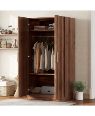 2 Door Wooden Wardrobe Armoire with 3 Storage Shelves Brown Clothing Storage Cabinet for Bedroom and Guest Room