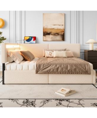 Boucle Bed Frame With 2 Storage Drawers LED Light USB Charging No Box Spring