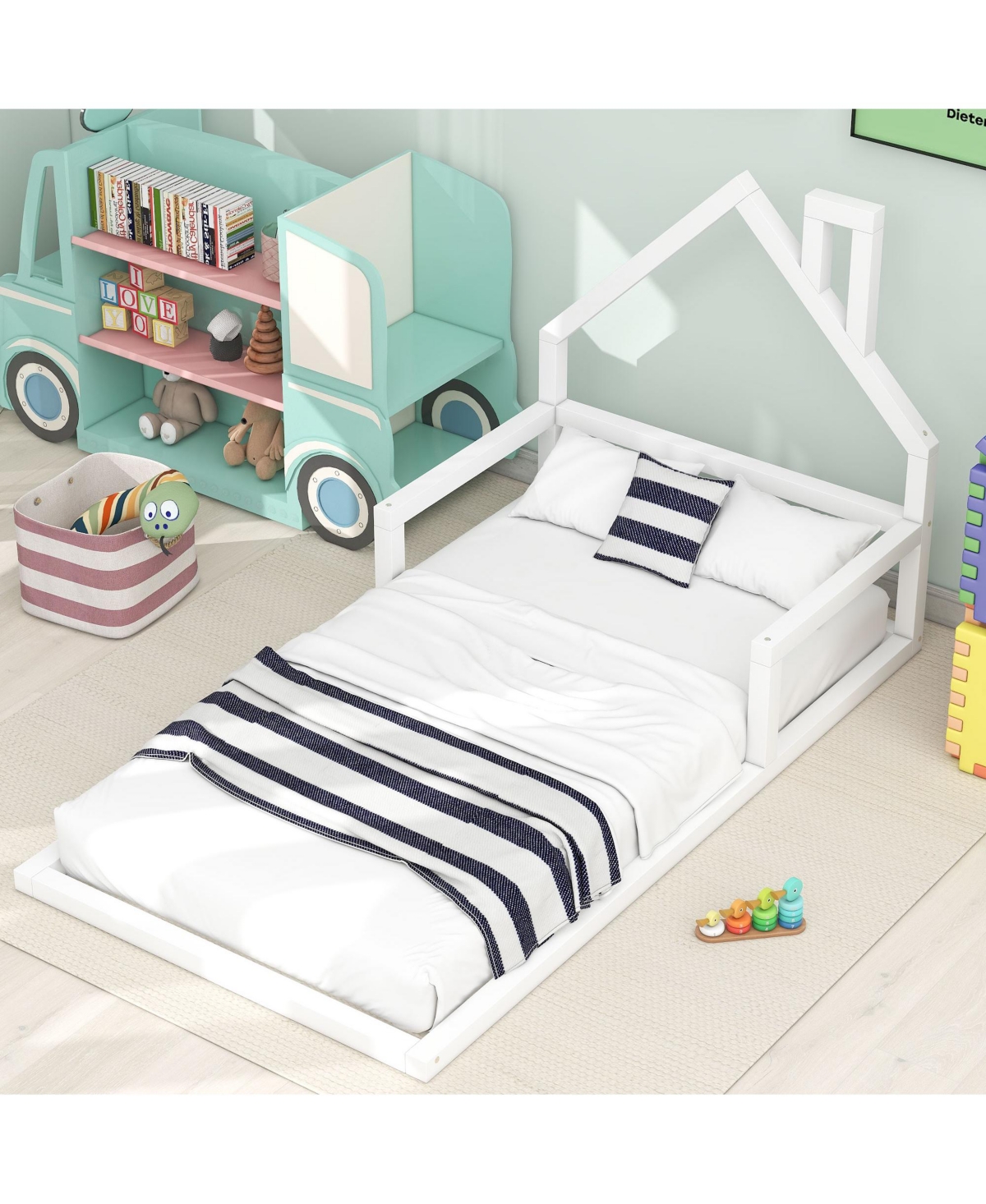 flynama Wood Floor Bed House Shaped Headboard Chimney Pine Wood Mdf