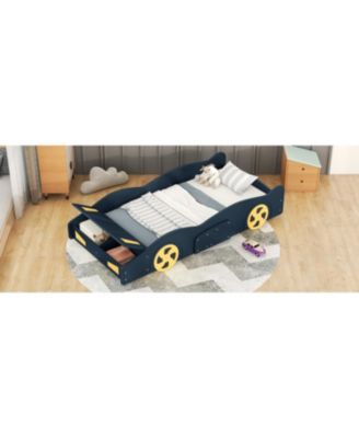 Race Car Shaped Platform Bed Dark Wheels Storage Pine Wood