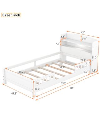Wood Platform Bed LED Light Storage Headboard Guardrail Pine Wood