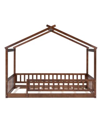 Wood House Bed Walnut Roof Fence Pine Wood Frame 7 Slats Kids Teens