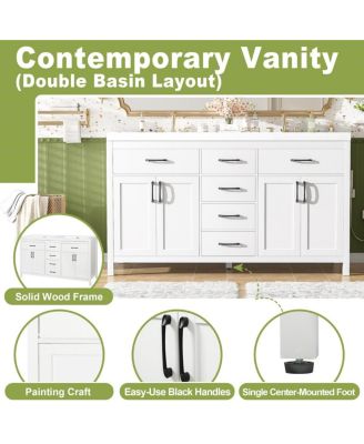 59.3" White Modern Solid Wood Frame Double Sink Vanity With SMC Sink, Black Handles, 4 Doors 5 Drawers Soft-Close