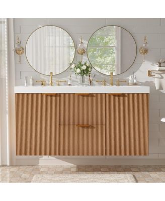 47.24" Brown Modern MDF Double Sink Floating Vanity With SMC Top, Soft-Close Doors, Divided Drawers