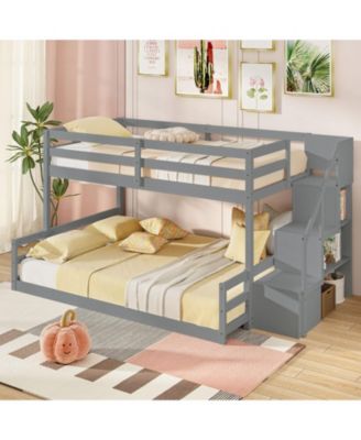 Solid Wood Twin Over Full Low Bunk Bed with Storage Stairs