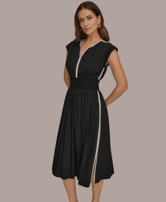 Women's Cap-Sleeve Piped Midi A-Line Dress