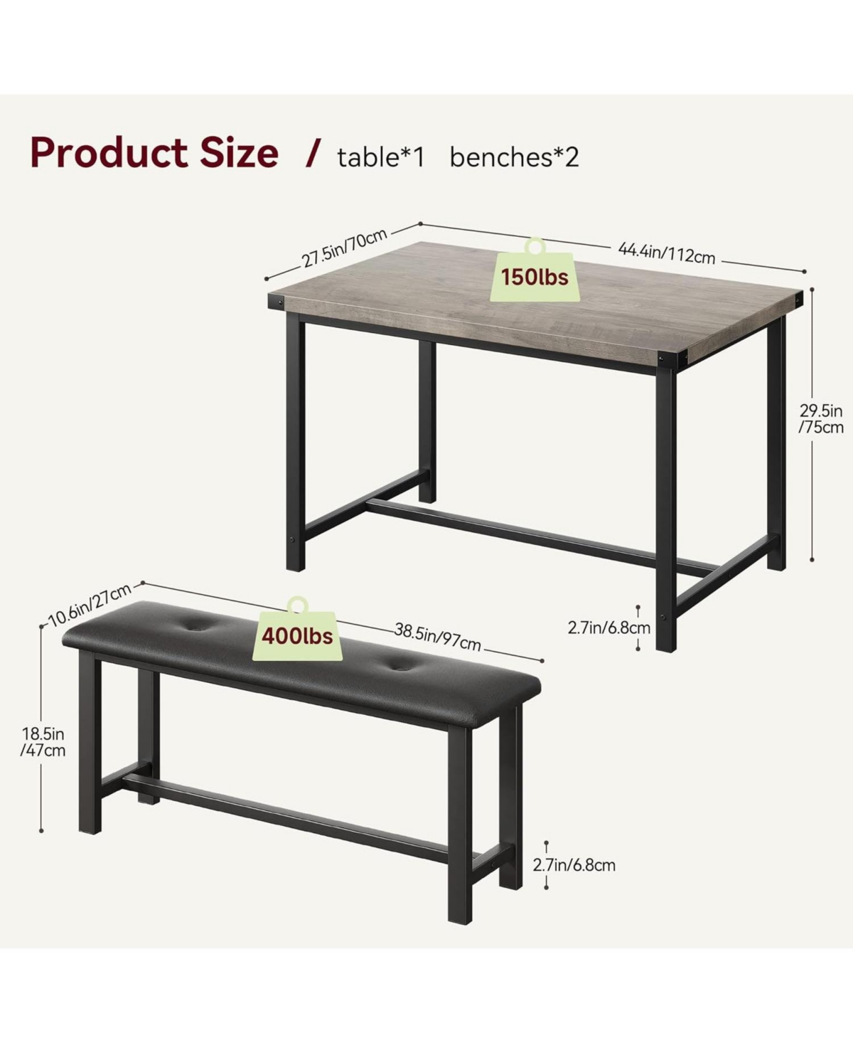 gaomon Dining Table Set for 4, Kitchen Table with Upholstered Bench, Rectangular Dining Room Table Set with 2 Benches, 3Pieces Kitchen Table Set