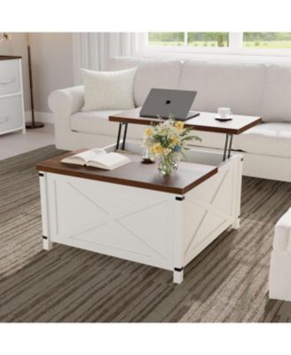 Farmhouse Coffee Table with Lift Top, 315" Square Rustic Cocktail Table with Storage, x-Shaped Design & Industrial Metal Accents, Sturdy Wood