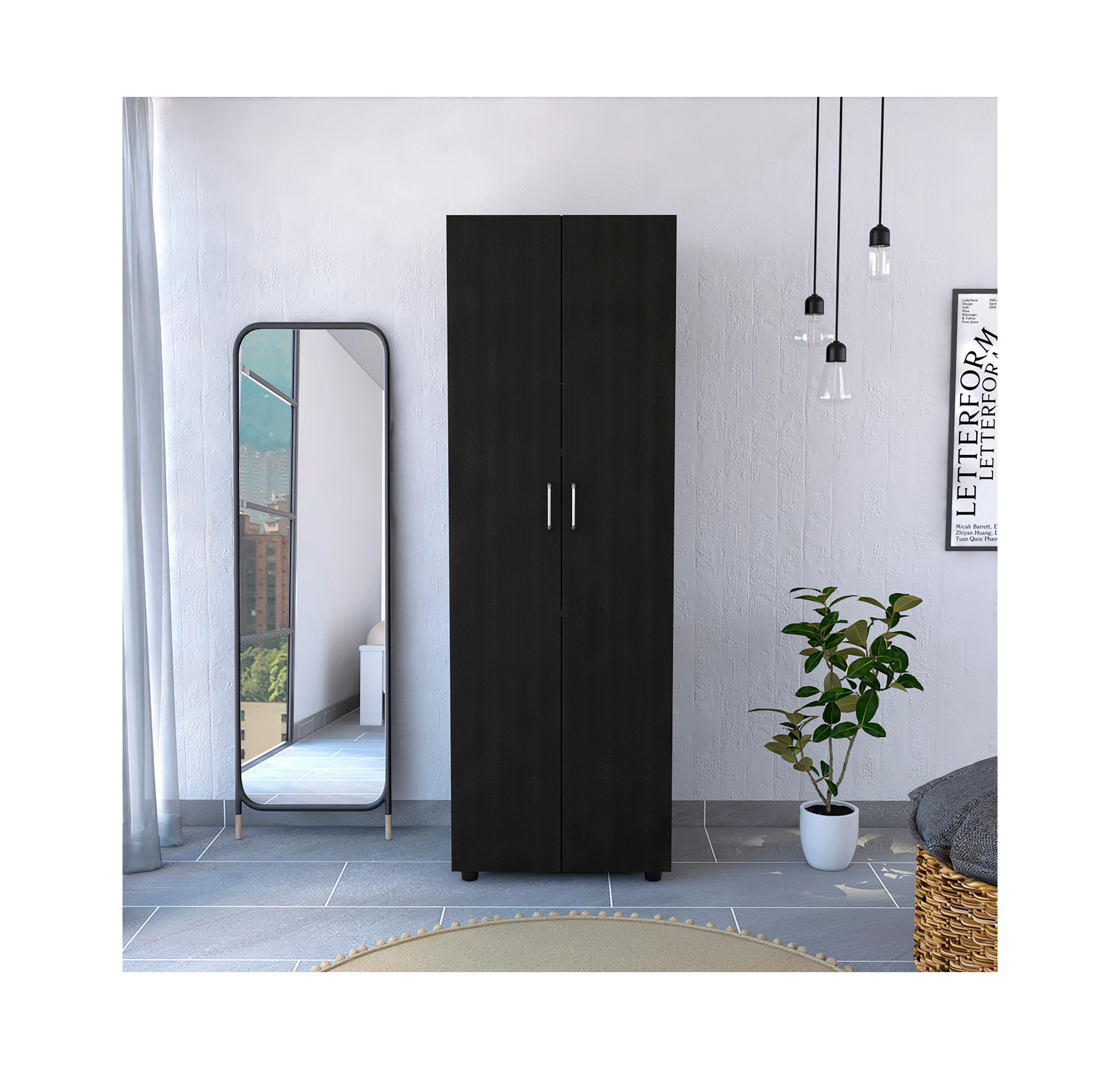flynama Armoire with Two Interior Shelves Metal Rod and Double Door Bedroom Storage Organizer
