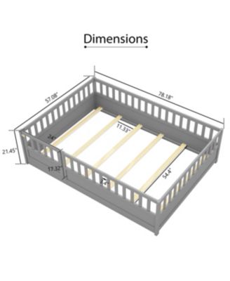 Montessori Wooden Floor Bed With Support Slat High Barrier And Door For Kids