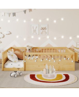 Wood Montessori Floor Bed with High Rails LED Light and Reversible Storage Shelf