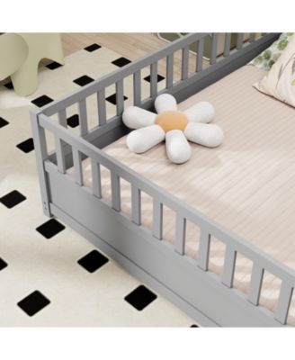 Montessori Wooden Floor Bed With High Security Barrier And Door For Kids Bedroom