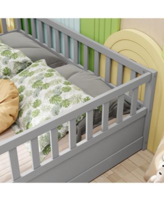 Montessori Wooden Floor Bed With High Security Barrier And Door For Kids Bedroom