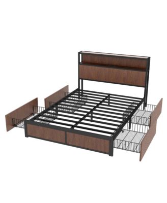 Wooden Platform Bed With Multiple Drawers Storage Socket Wood