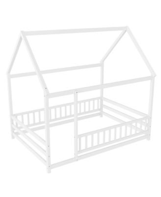 Wooden Floor Bed With House Roof Frame And Fence Guardrails For Kids