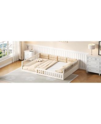 Wood Upholstered Platform Bed Guardrail Fluffy Pillows Pine Wood MDF