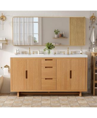 59.3" Modern Bathroom Vanity With Resin Sink, Solid Wood MDF Handle-Free, 4 Doors 3 Drawers Soft-Close