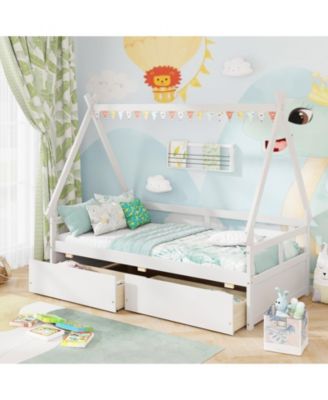 Twin Size House Bed with Roof Design and Safety Guardrails