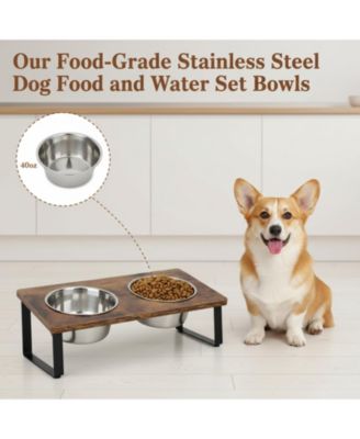 Elevated Dog Bowl Stand with 2 Stainless Steel Bowls Tilted Wood Metal Joint Strain Relief Non-slip