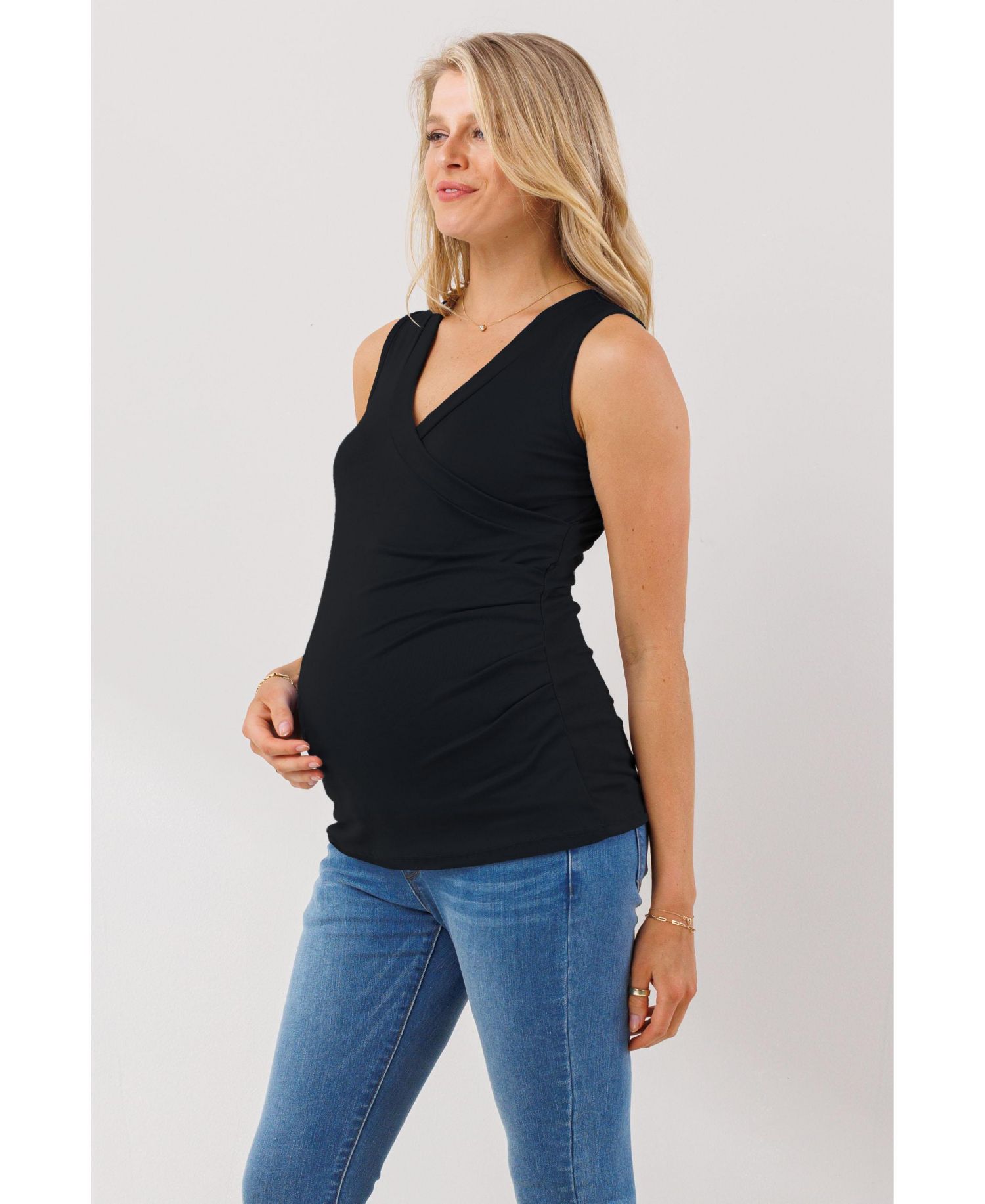 Maternity Sleeveless Ruched V-Neck Wrap Nursing Tank Top