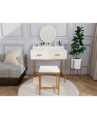 Elegant Vanity Set with Large Mirror and Padded Stool for Bedroom Makeup and Grooming Activities