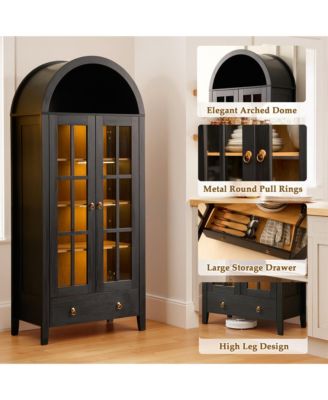 Arched Glass Door Sideboard Cabinet, 71” Tall Wood Display Cabinet with Drawer and Invisible Lock, Bookshelf for Living Room, Office, Entryway