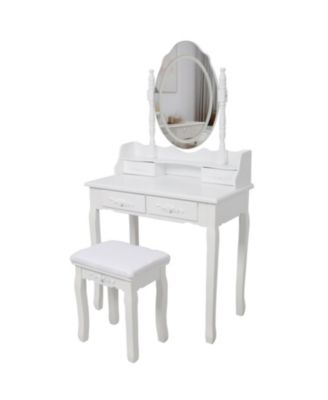 Princess Vanity Desk Set with Mirror Cushioned Stool 4 Drawer Wooden Makeup Dressing Table for Girls Bedroom