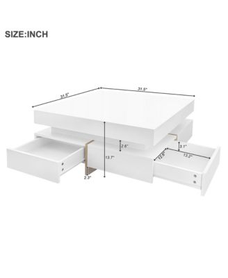 Modern High Gloss Coffee Table, Multi-Storage Square Center Table with 4 Drawers and Wood Grain Legs for Living Room