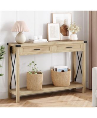 Farmhouse Entryway Console Table with Rattan Drawers, Sofa Table with Storage for Living Room, Hallway, Entryway