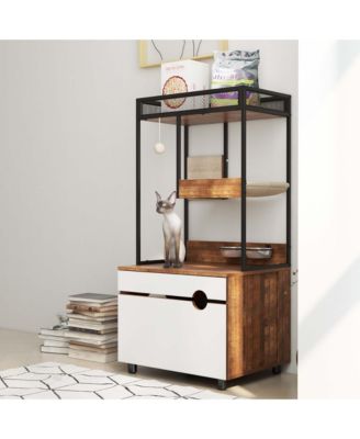 Cat Litter Box Enclosure with Cat Tree Tower – 2-in-1 Hidden Cat Furniture Cabinet