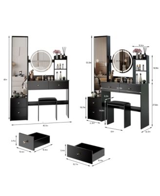 Contemporary Large Capacity Tri Color Vanity Table with Bedside Cabinet Mirror and Cushioned Stool
