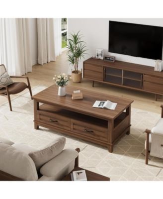 Farmhouse Coffee Table with Drawers, Center Table Rustic Coffee Tables Living Room Table, with Open Shelf and 6 Support