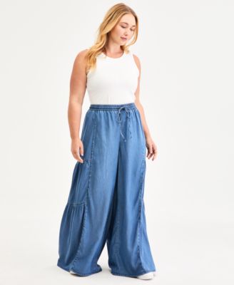 Trendy Plus Pull-On Wide-Leg Chambray Pants