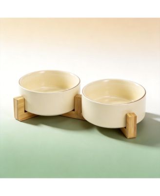 Ceramic Dog Cat Bowl Set with Wooden Stand Modern Weighted Food Water