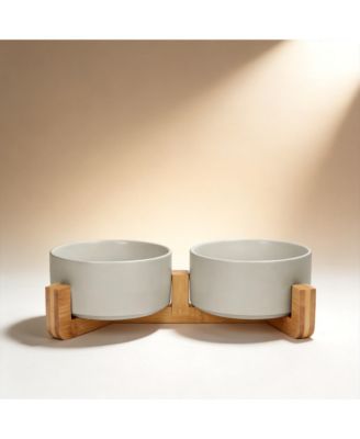 Ceramic Dog Cat Bowl Set with Wooden Stand Modern Weighted Food Water