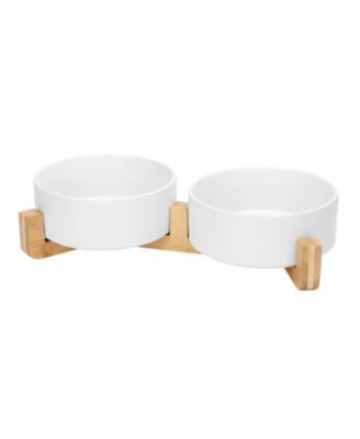 Ceramic Dog Cat Bowl Set with Wooden Stand Modern Weighted Food Water