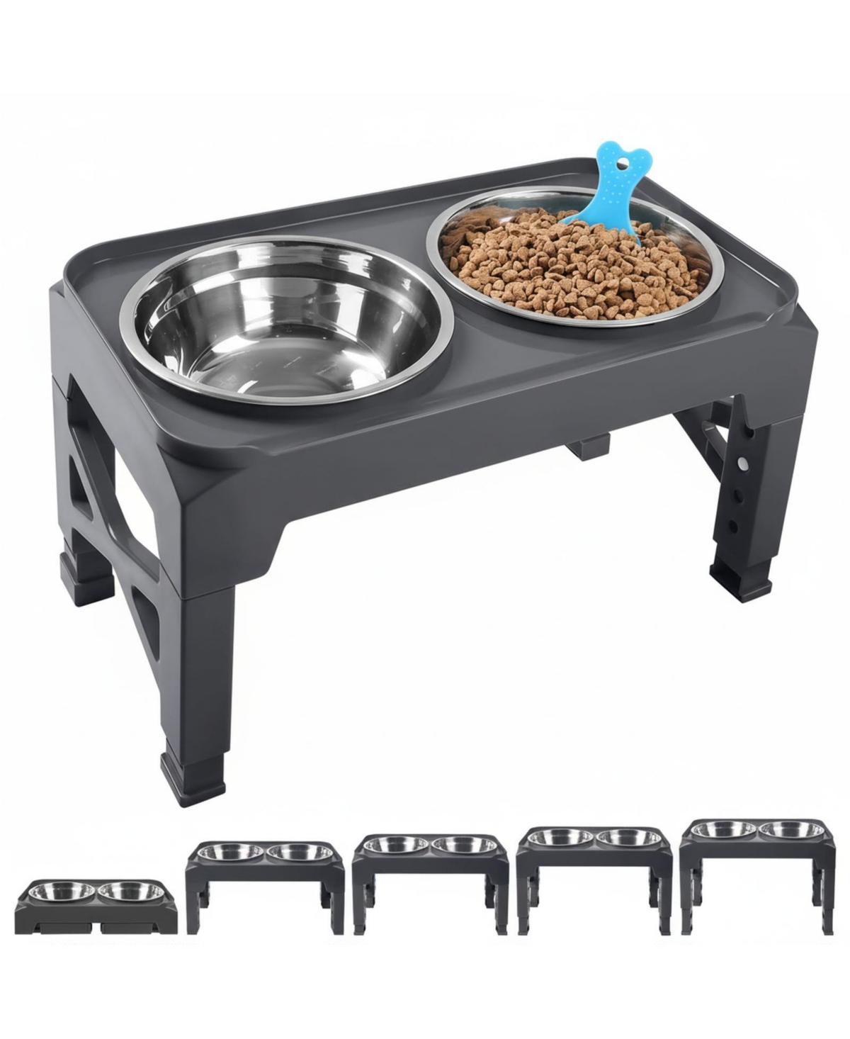 Aronkl Adjustable Elevated Dog Bowl Stand with 2 Stainless Steel Bowls & Pet Scoop - Grey