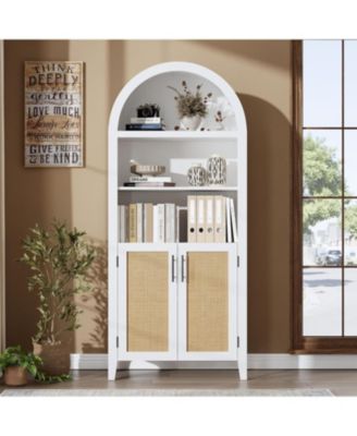 Arched Bookcase with Doors - 5 Tier Open Display Shelf with Rattan Decor, Modern Bookshelf Storage Cabinet for Home Office Living Room Library,