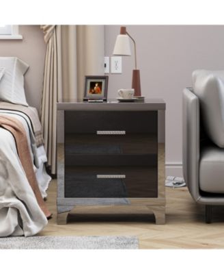 Durable Premium High Gloss Mirrored Nightstand with 2 Drawers Modern Bedroom End Table