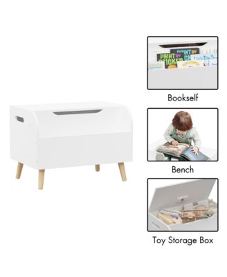 Kids Toy Storage Box - Wooden Toy & Book Organizer with 4 Wood Legs, Front Bookshelf, Flip-Top Lid and Safety Hinge for Playroom