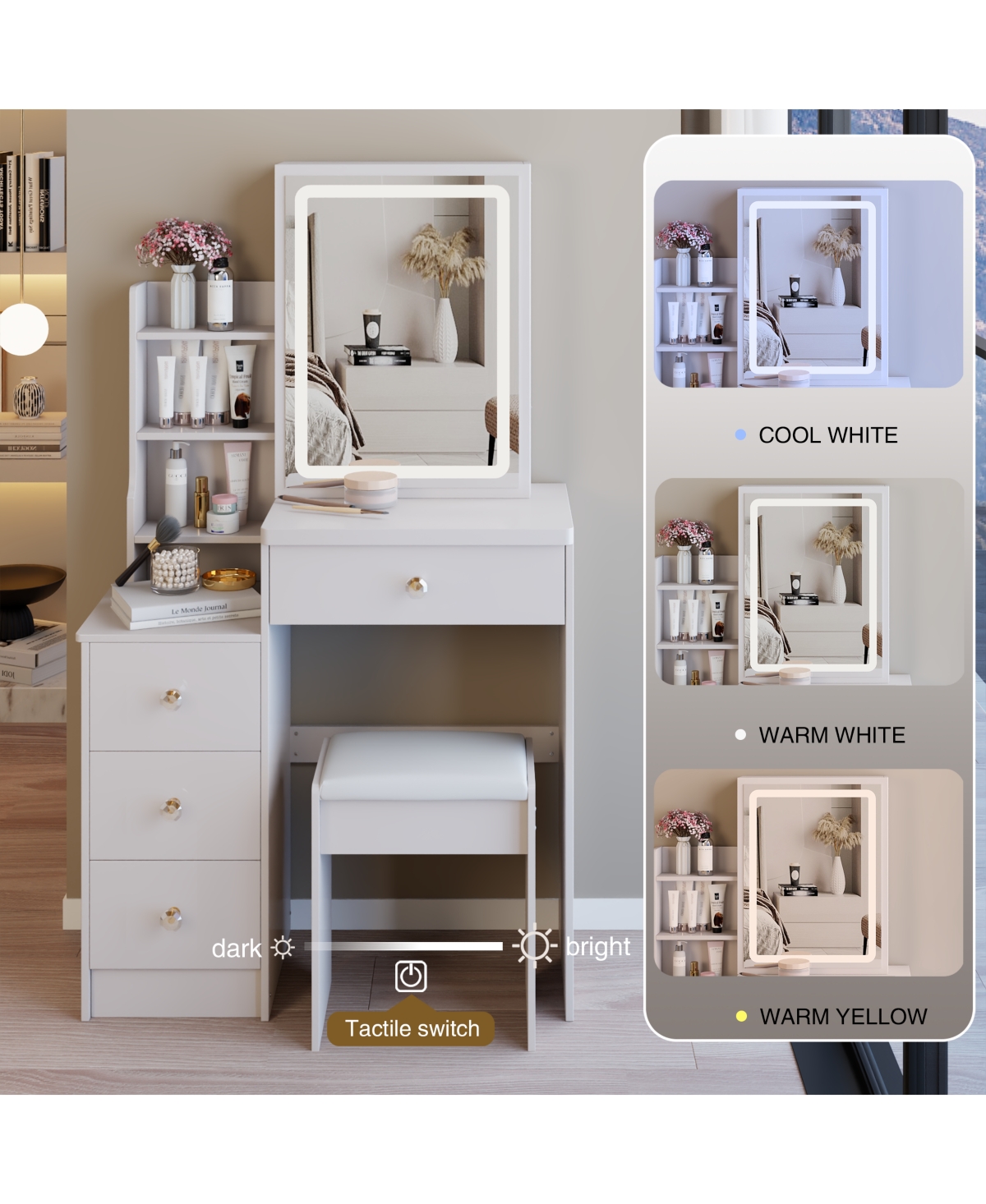 Flynama Small Size Left Bedside Cabinet Led Mirror Vanity Table with Illuminated Mirror