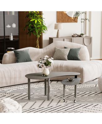 360° Rotatable Coffee Table, Nesting Coffee Tables with Swivel Function, Modern Wood Oval Center Table for Living Room