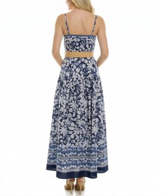 Women's Belted Drop Waist Square Neck Floral Dress