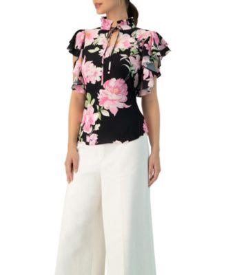 Women's Floral Print Blouse with Ruffle Sleeves