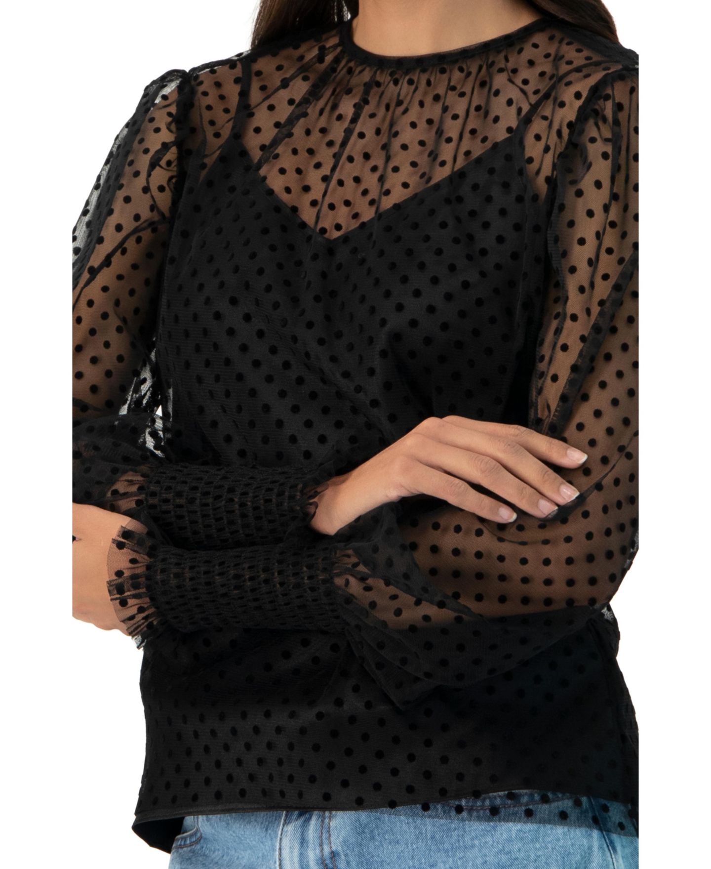 Женская блузка Ivonne See- Though Polka Dot Smock Sleeve, цвет: Чёрный — фото 6