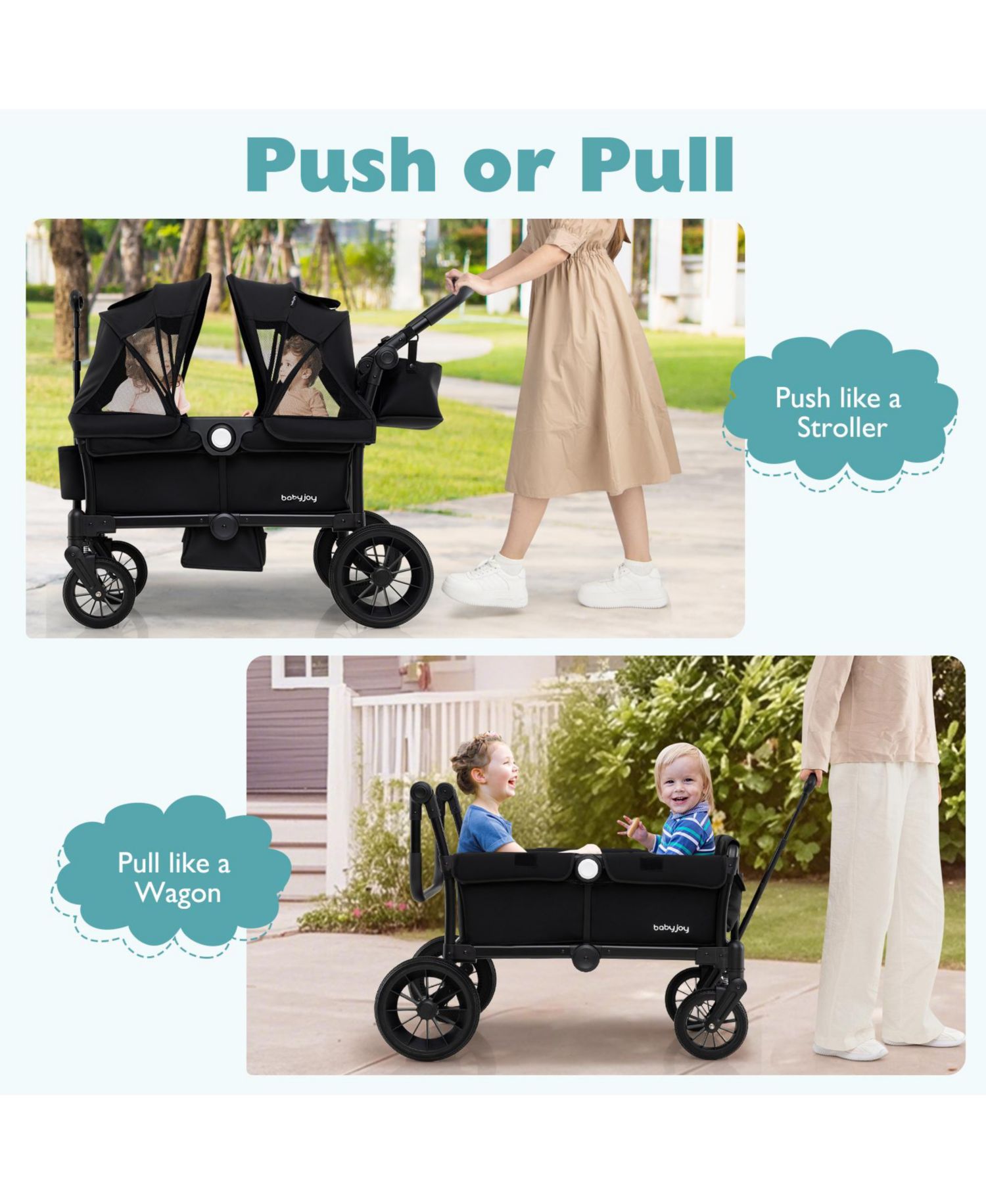 Wagon Stroller for 2 Kids Push Pull Double Stroller w/ Adjustable Handle