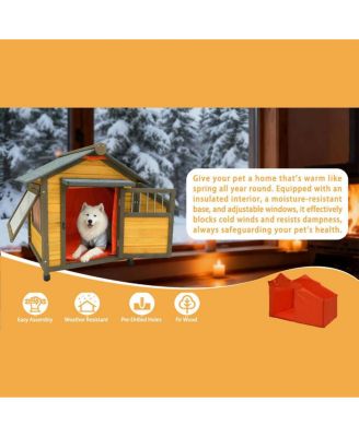 50" Solid Wood Dog House, Indoor and Outdoor Pet Shelter with Removable Thermal Curtain for Small or Medium Dogs