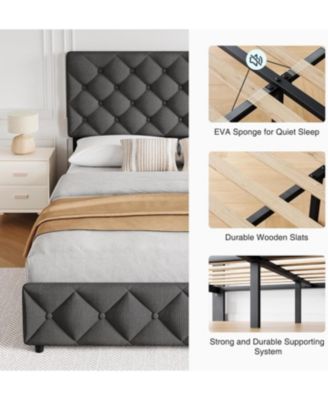 Bed Frame with 4 Drawers Linen Upholstered Platform Headboard Slat Support