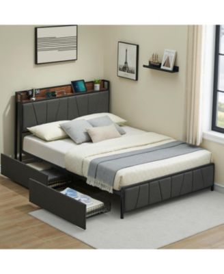 Bed Frame with 2 Drawers Storage Headboard Charging Station No Box Spring Needed
