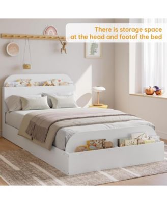 Bed Frame with Storage Headboard and Raised Footboard Low Platform Wood Slats No Box Spring